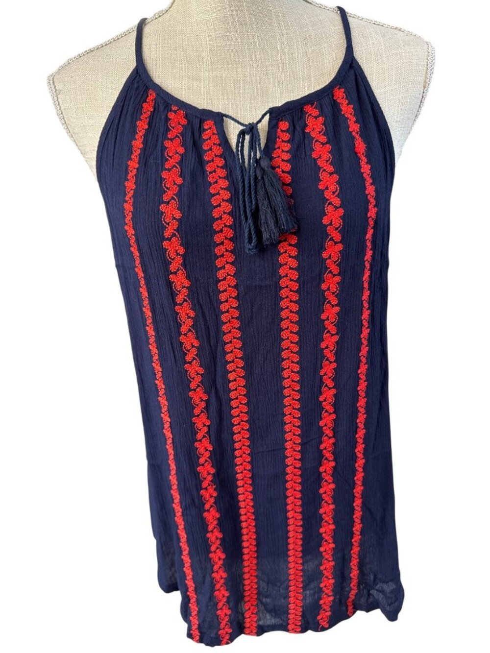 Solitaire Embroidered Navy/Red Sleeveless Boho Tank Top W/Tassel Tie Neckline L
